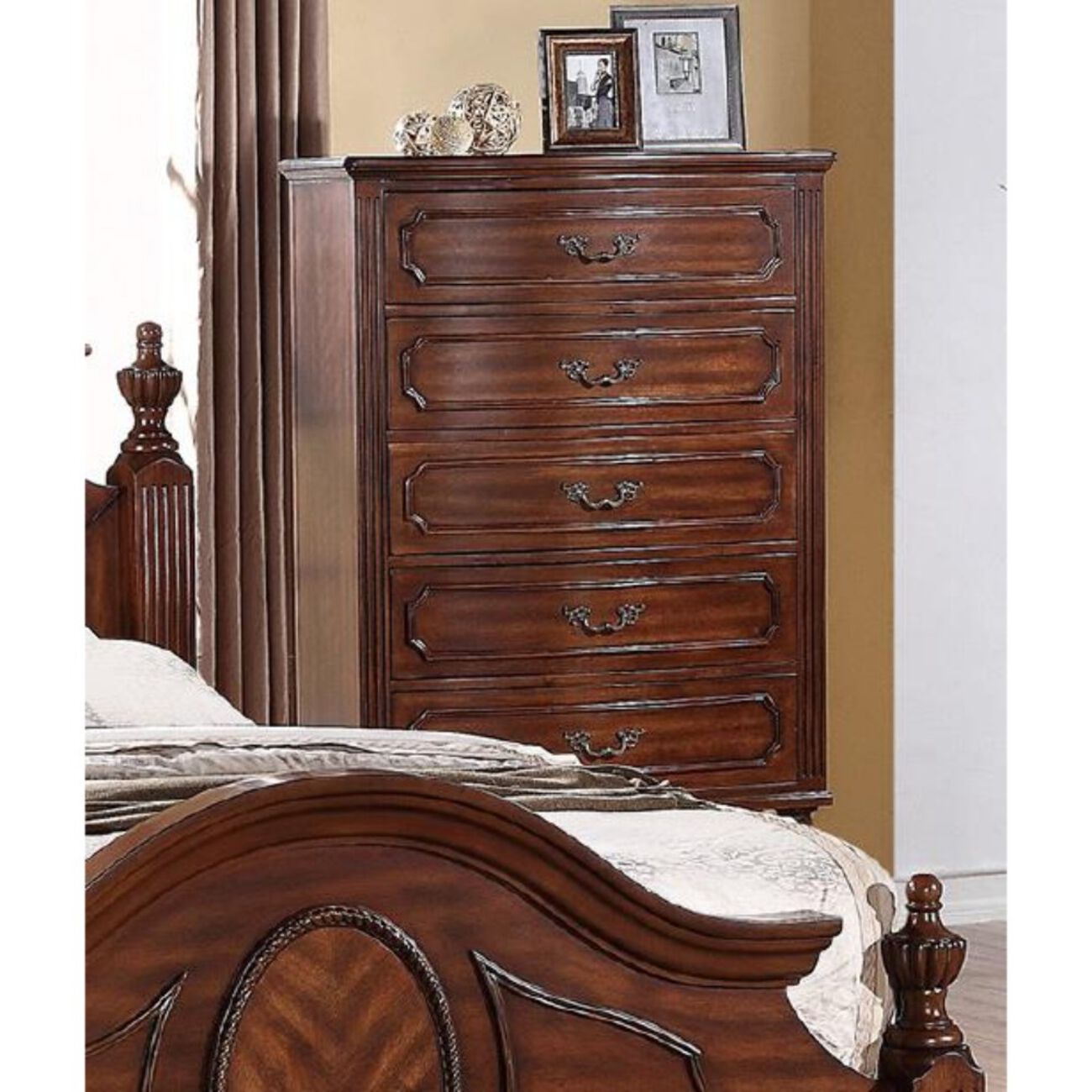 Modish Pine Wood Chest With 5 Drawers, Brown