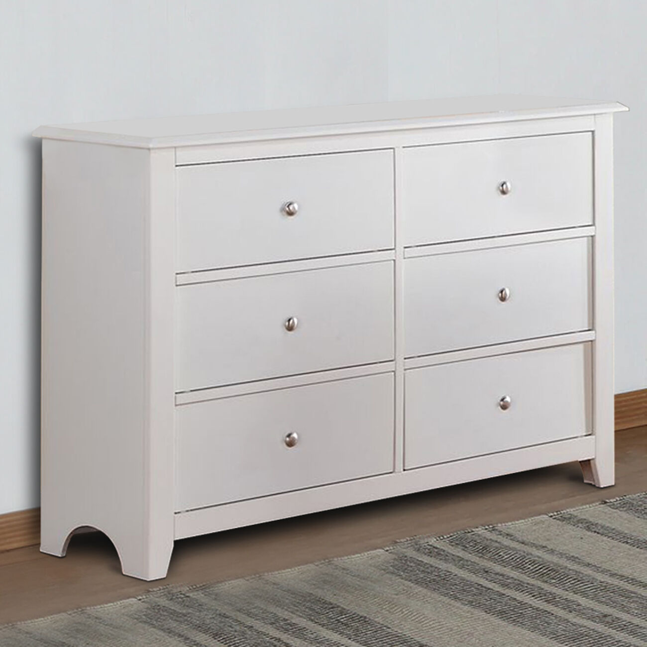 Pine Wood 6 Drawer Dresser With Silver Knobs, White