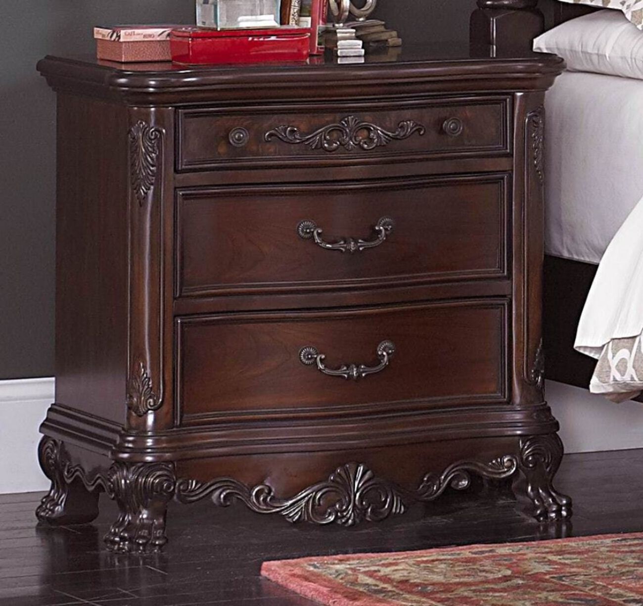 Wooden Night Stand With Intricate Carvings Cherry Brown