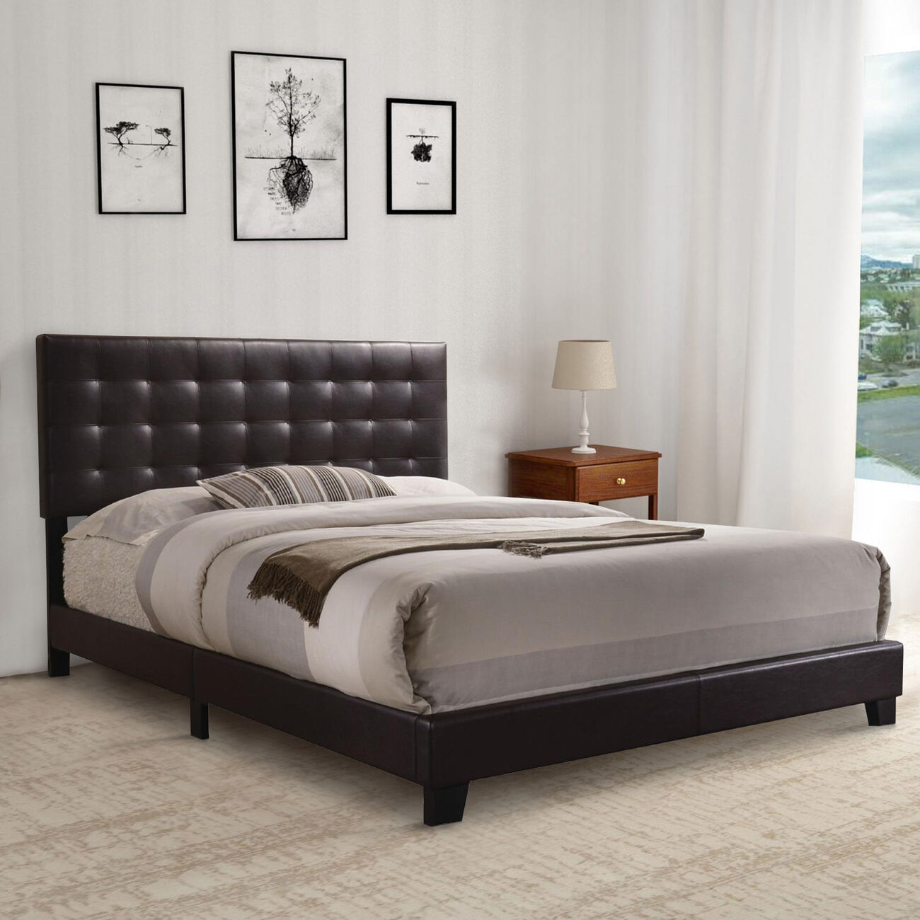 Sophistiated Transitional Style Queen Size Padded Bed, Brown