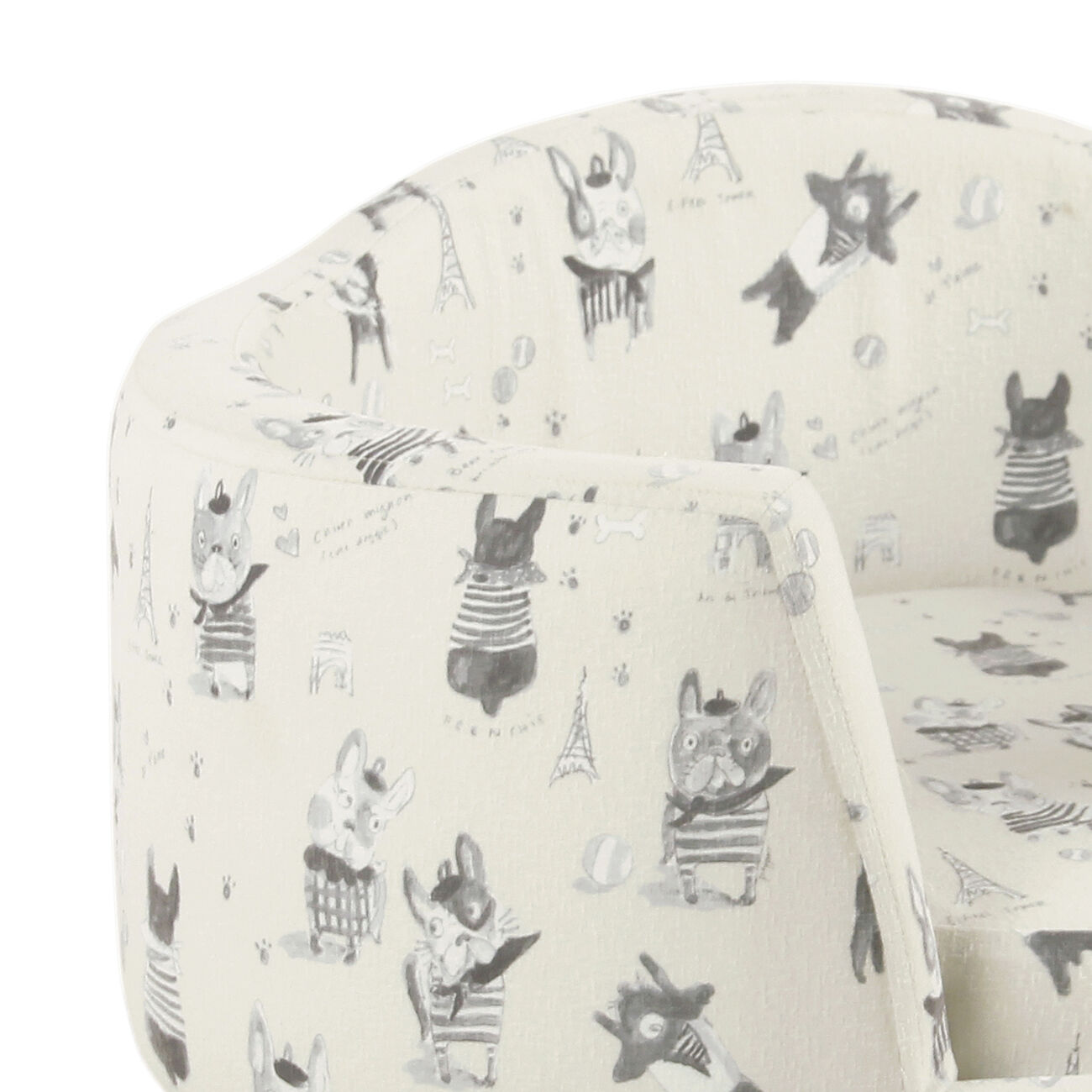Wooden Pet Bed with French Bulldog Print Fabric Upholstery, Cream and Gray