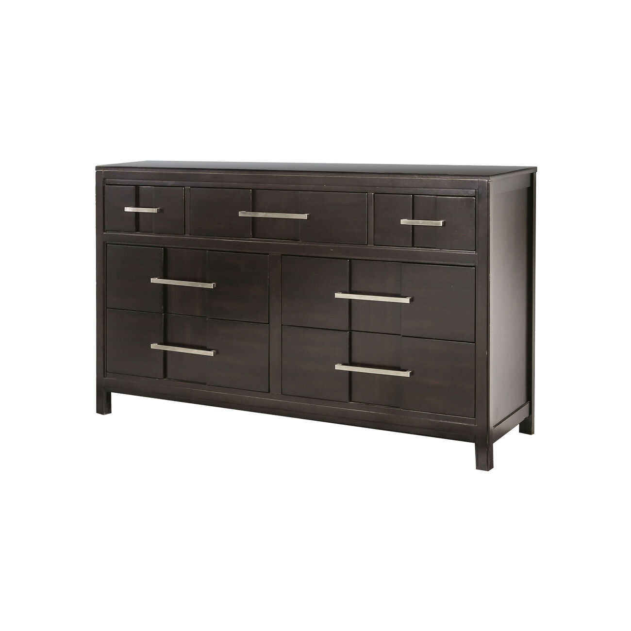 Wooden Dresser with 7 Drawers and Metal Pull, Brown and Silver