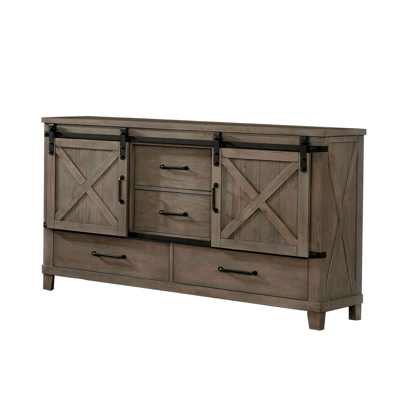 Wood and Metal Dresser with Sliding Cabinets, Taupe Brown and Black