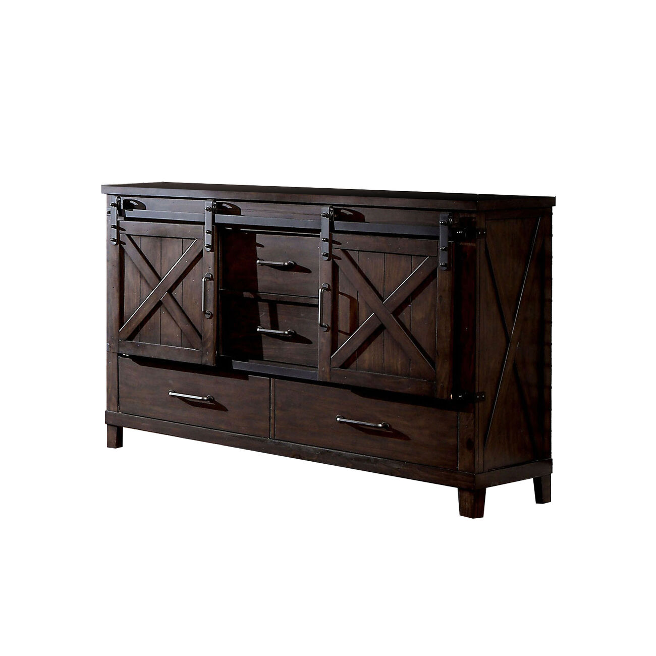 Farmhouse Wood and Metal Dresser with Sliding Cabinets, Walnut Brown