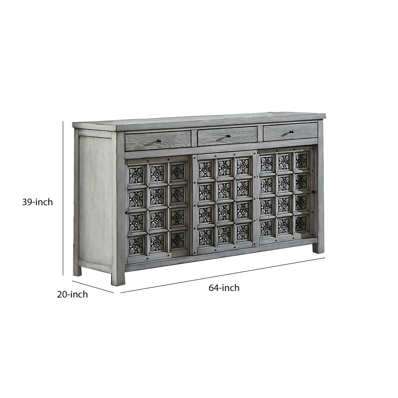 3 Drawer Transitional Wooden Dresser with Floral Engraving, Gray
