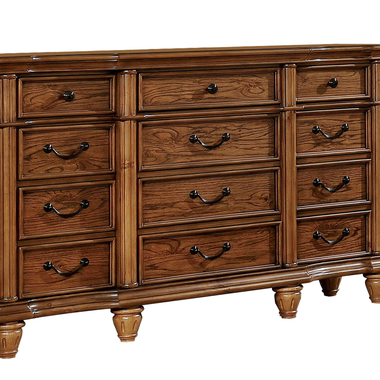 12 Drawer Traditional Style Wooden Dresser with Turned Legs, Brown