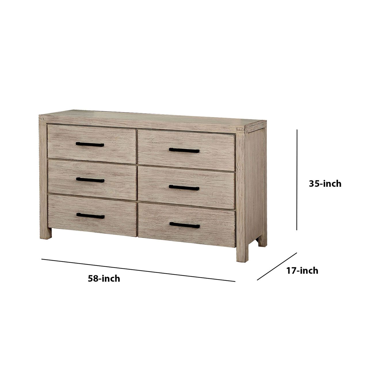 6 Drawer Rustic Style Wooden Dresser with Block Legs, White