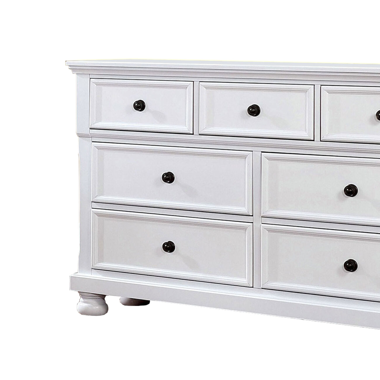 Transitional Wooden Dresser with 7 Drawers and Bun Feet, White