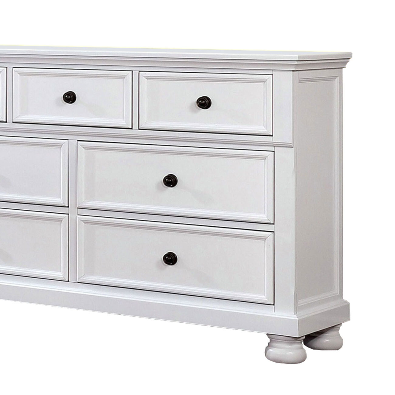 Transitional Wooden Dresser with 7 Drawers and Bun Feet, White