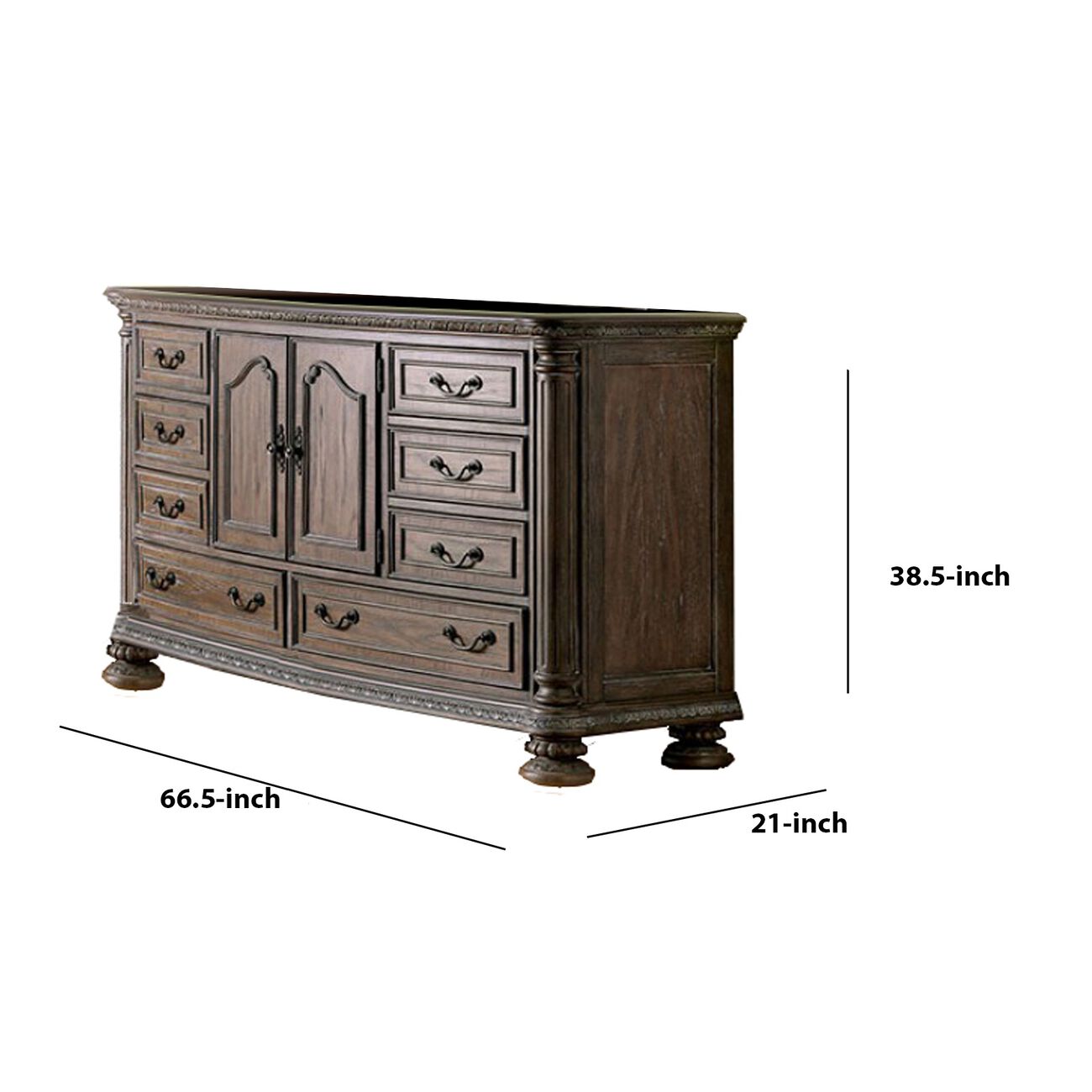 8 Drawers Wooden Dresser with Cabinet and Carving Details, Brown