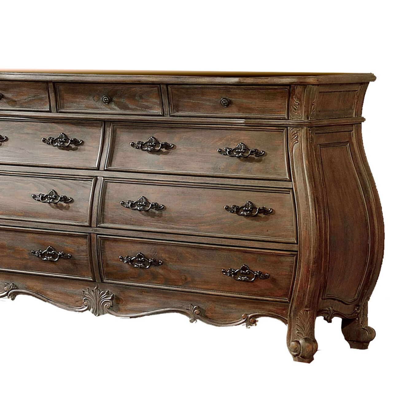 Traditional 9 Drawer Wooden Dresser with Intricate Carvings, Brown