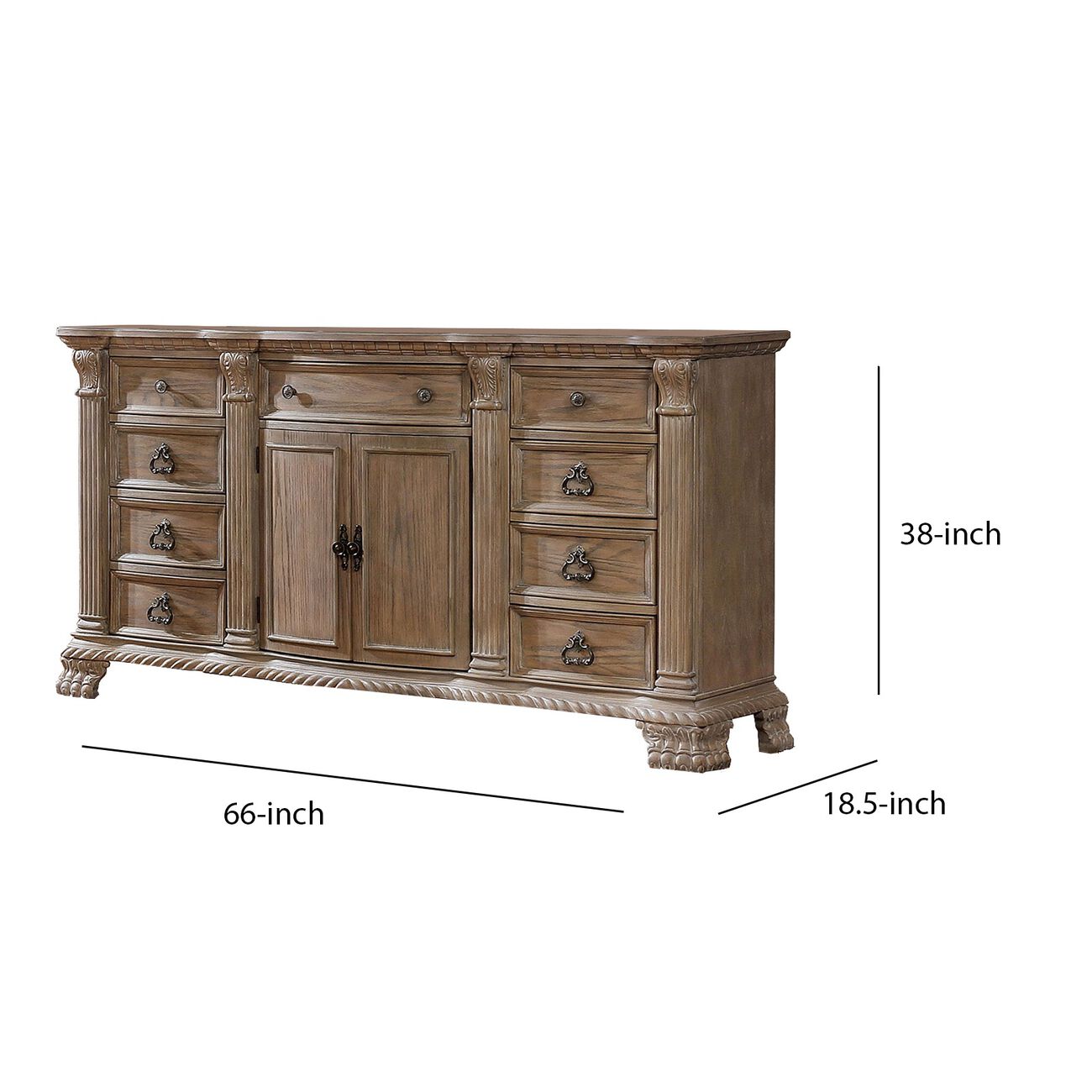 Traditional Style 9 Drawer Wooden Dresser with Door Cabinet, Brown
