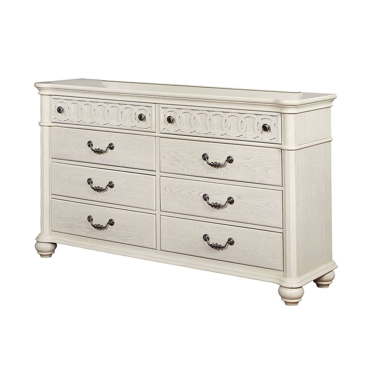 Wooden 8 Drawers Dresser with Turned Legs and Metal Pulls, White