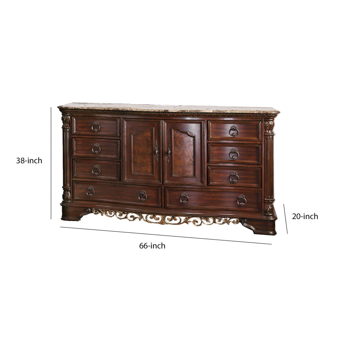 8 Drawer Wooden Dresser with 2 Door Cabinet and Marble Top, Brown