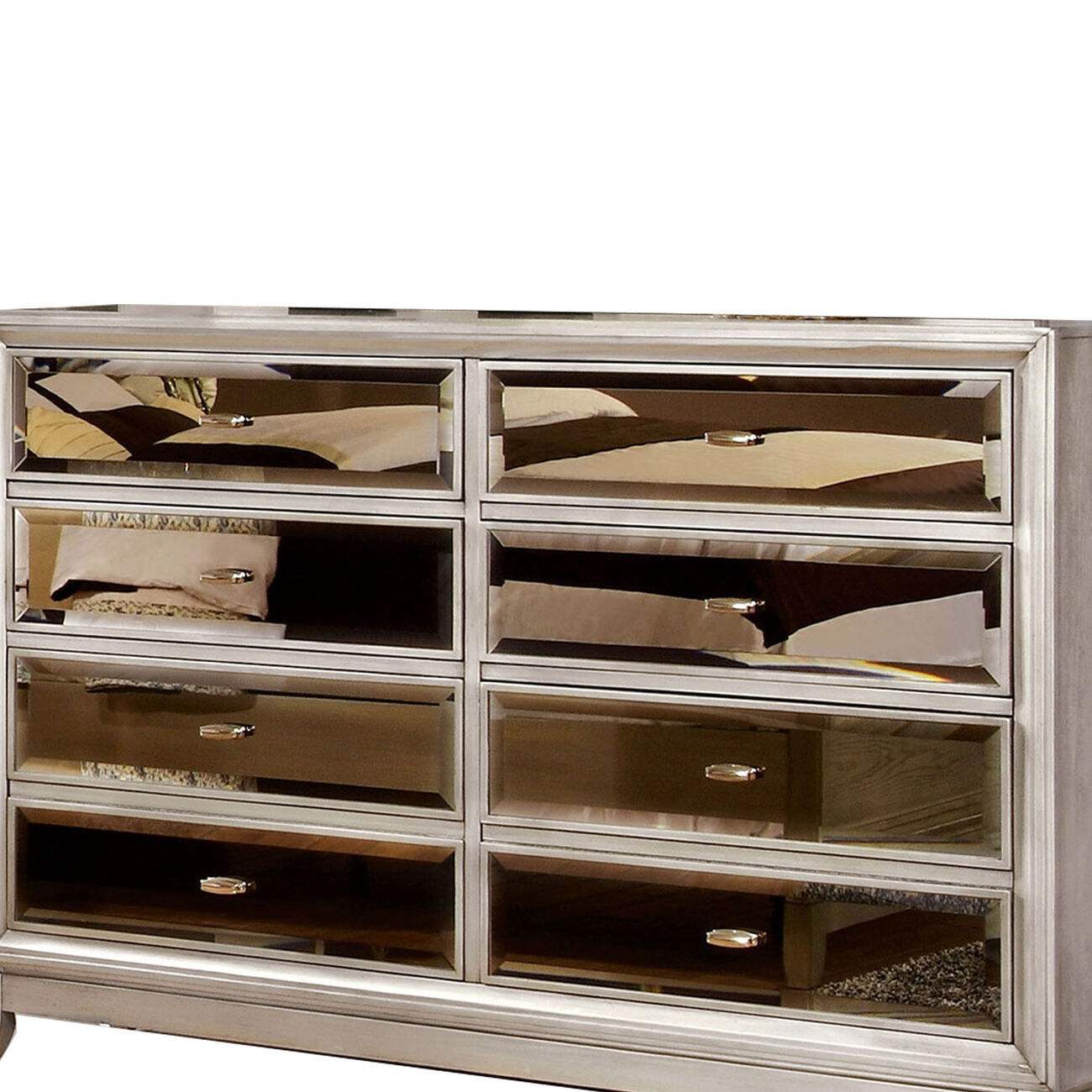 Wooden 8 Drawers Dresser with Beveled Mirror Panels, Silver and Gold