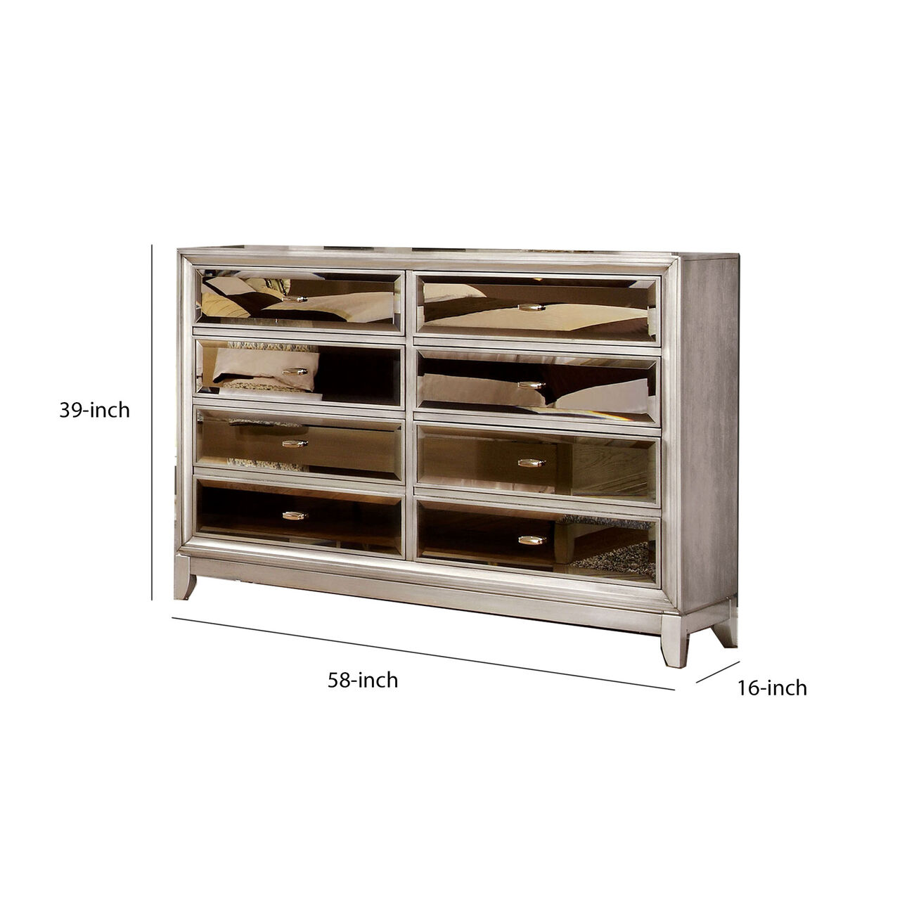 Wooden 8 Drawers Dresser with Beveled Mirror Panels, Silver and Gold