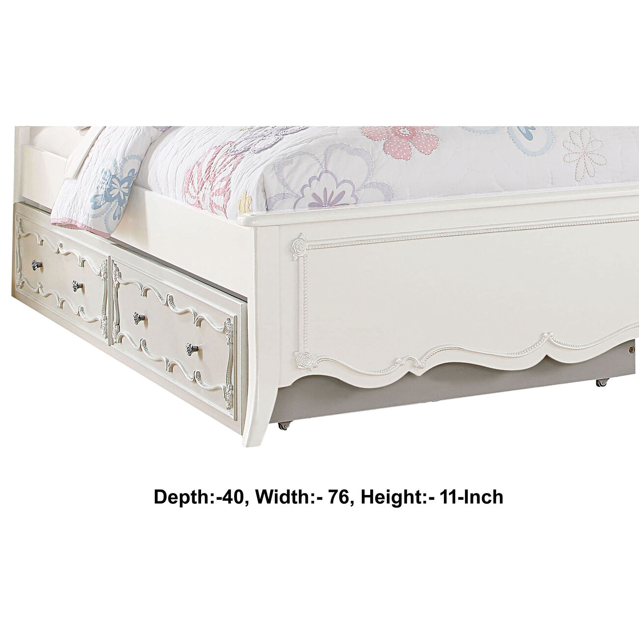 Twin Size Wooden Trundle Bed with Caster Wheels, White