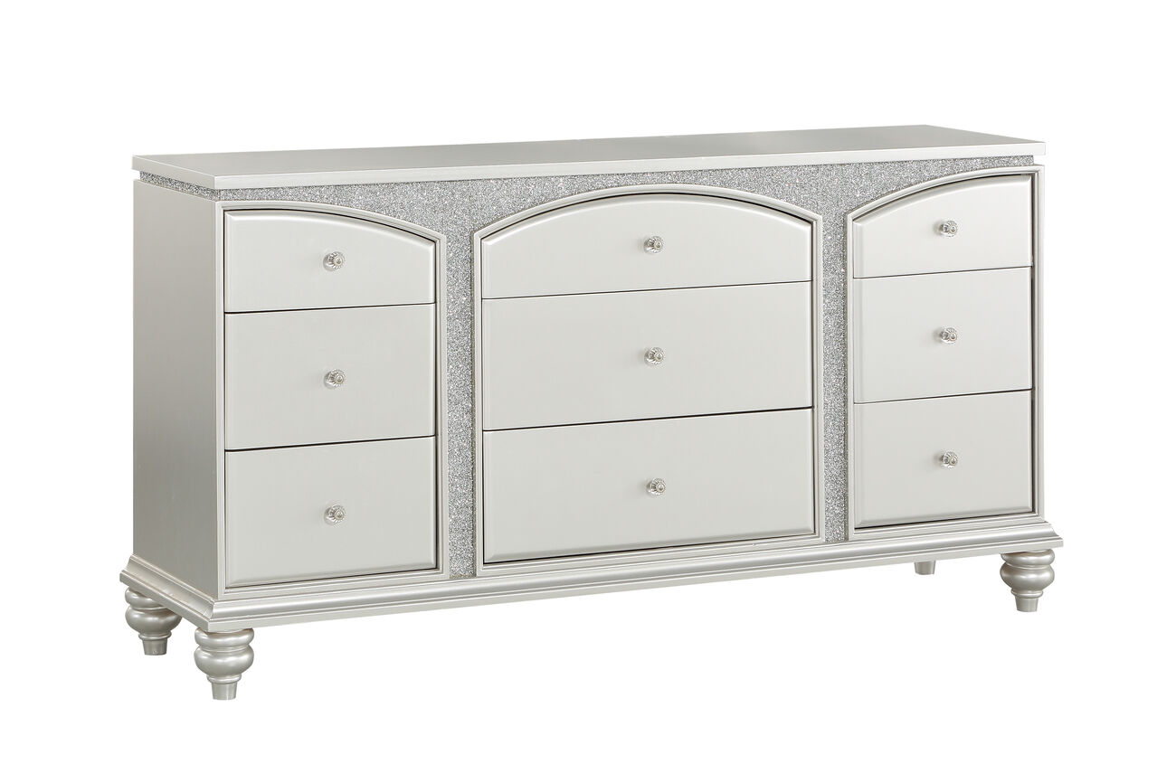 Modern Style 9 Drawer Wooden Dresser with Rhinestone Inlays, Silver