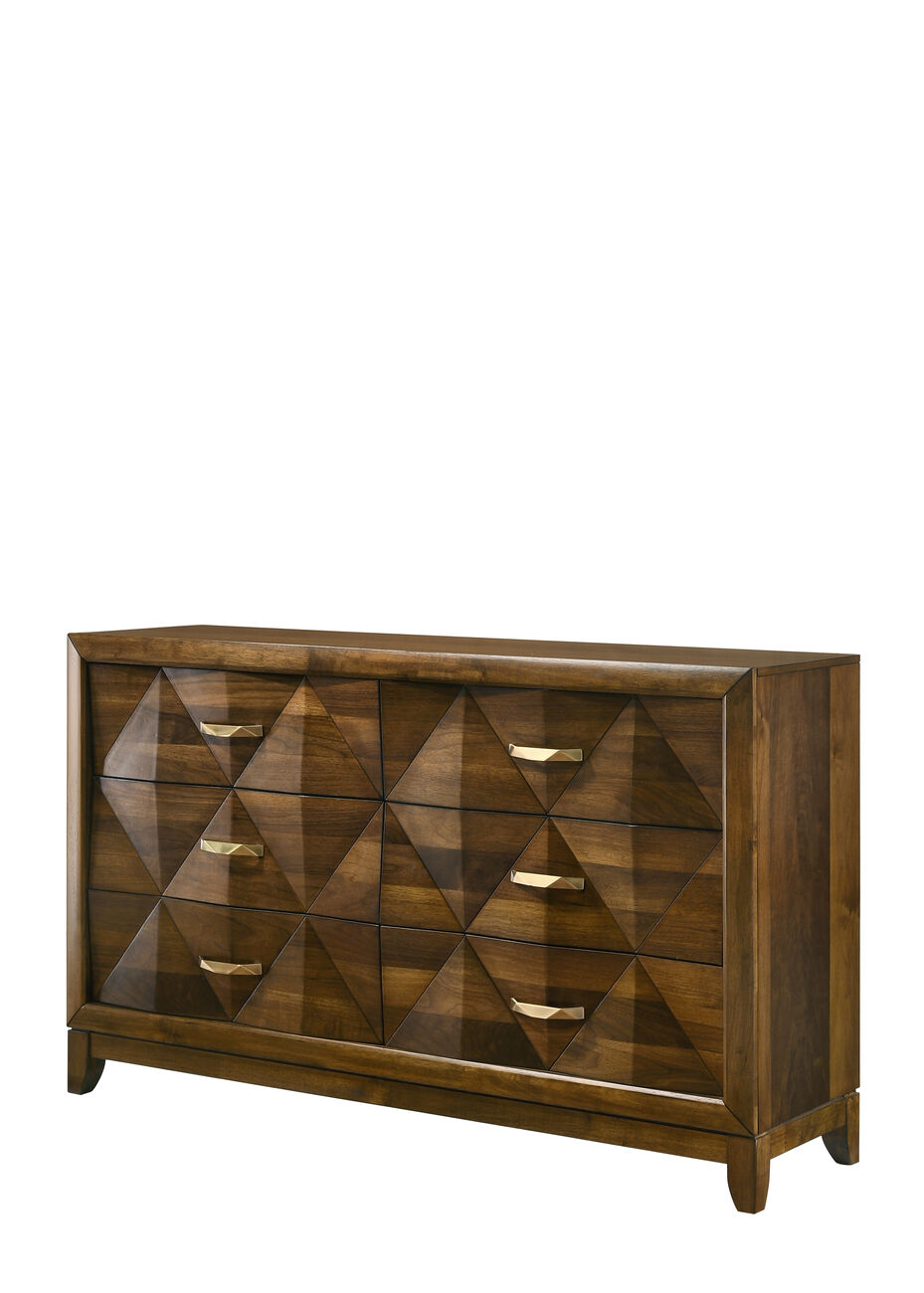 Transitional Style 6 Drawer Wooden Dresser with Chamfered Legs, Brown