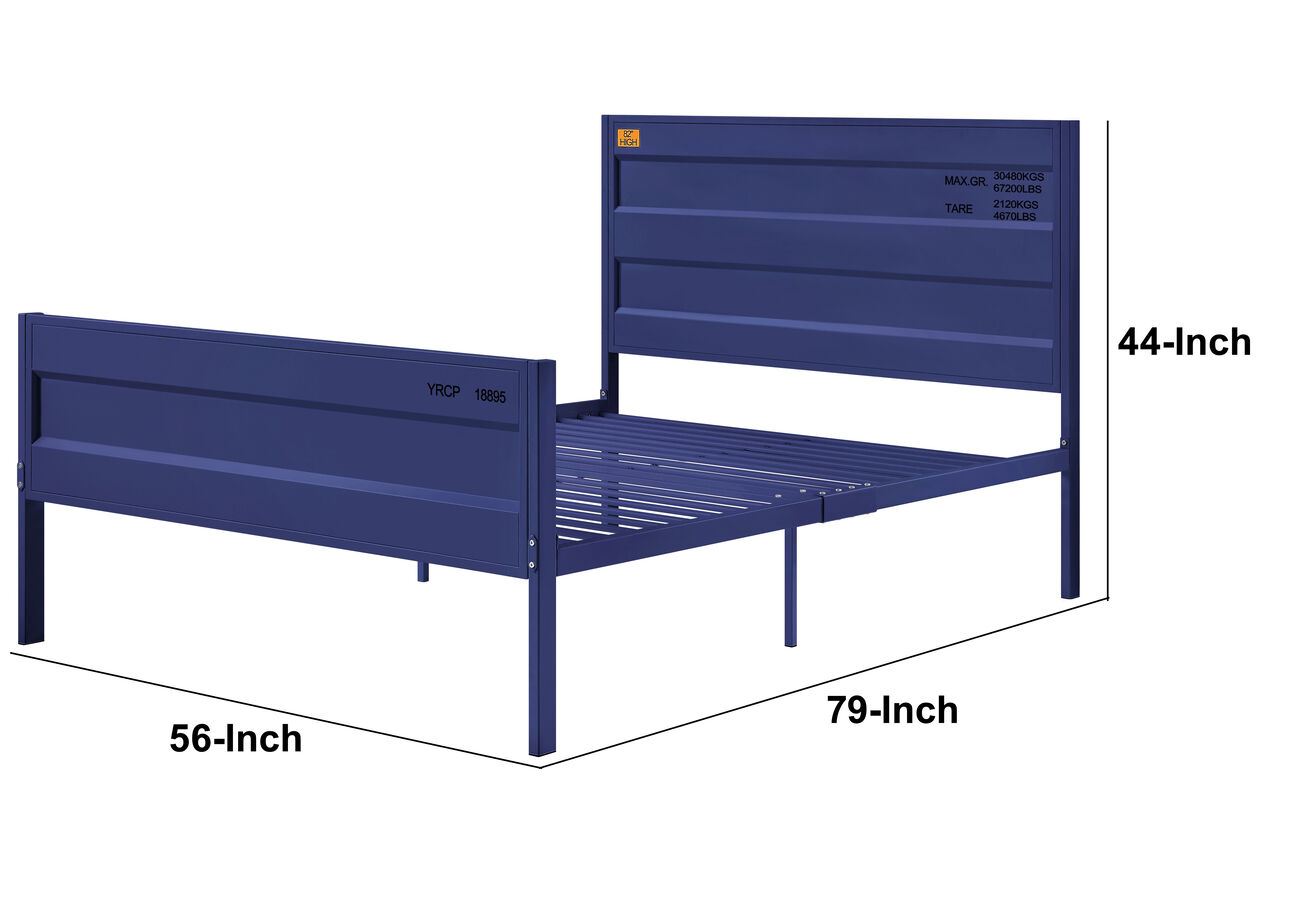 Industrial Style Metal Full Size Bed with Straight Leg Support, Blue