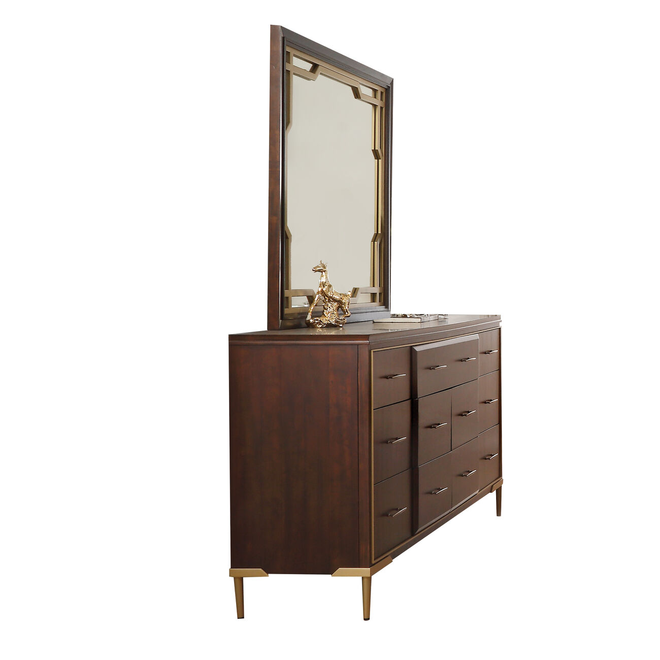 Wooden Dresser with Raised Panel and 7 Spacious Drawers,Brown and Gold