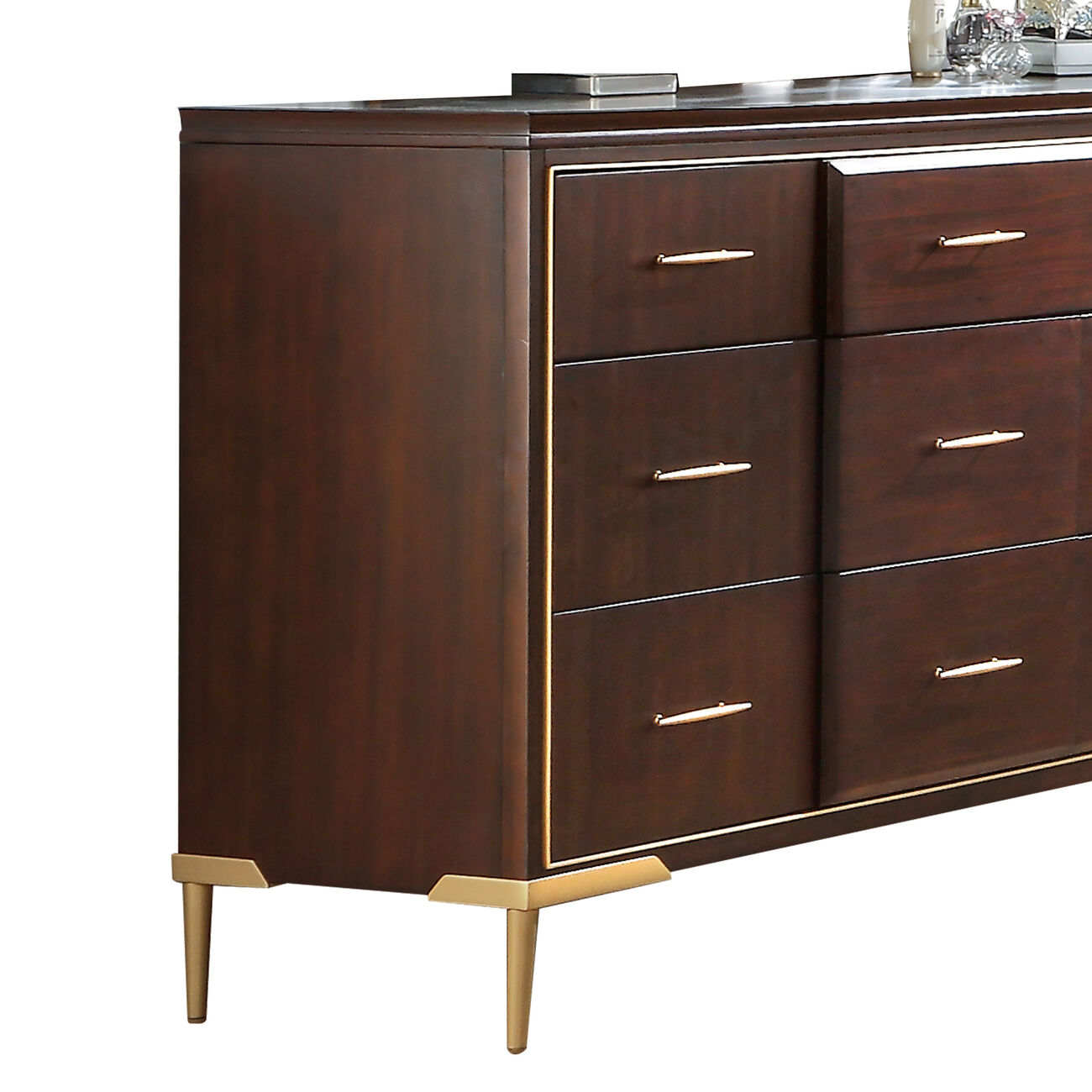 Wooden Dresser with Raised Panel and 7 Spacious Drawers,Brown and Gold