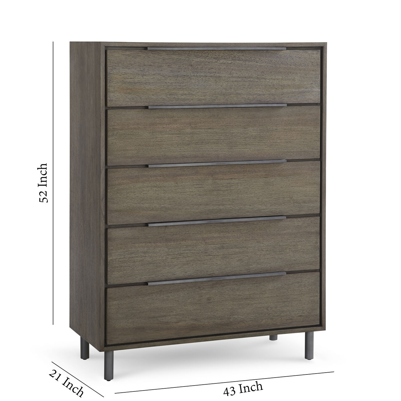 5 Drawer Transitional Wooden Dresser with Tubular Legs, Brown