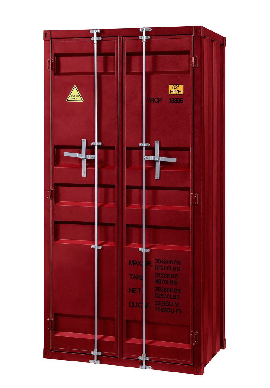 Double Door Metal Base Wardrobe with Cremone Bolts and Slated Pattern, Red
