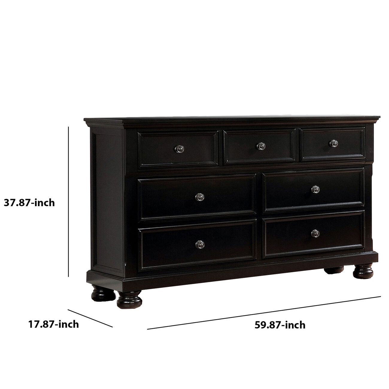 Transitional Wooden Dresser with 7 Drawers and Bun Feet, Black