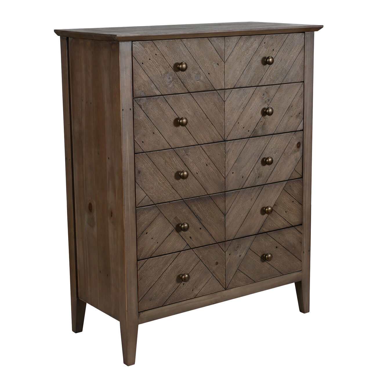 5 Drawer Dresser with Herringbone Pattern and Chamfered Legs, Rustic Brown