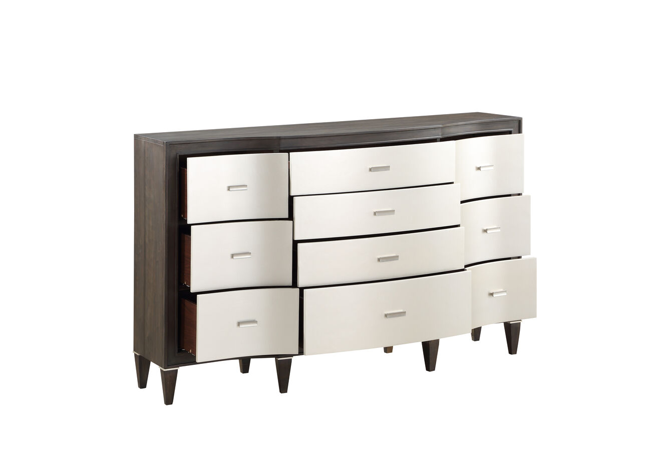 Transitional Style Dresser with Bulged Front Drawer Panel, Silver and Brown