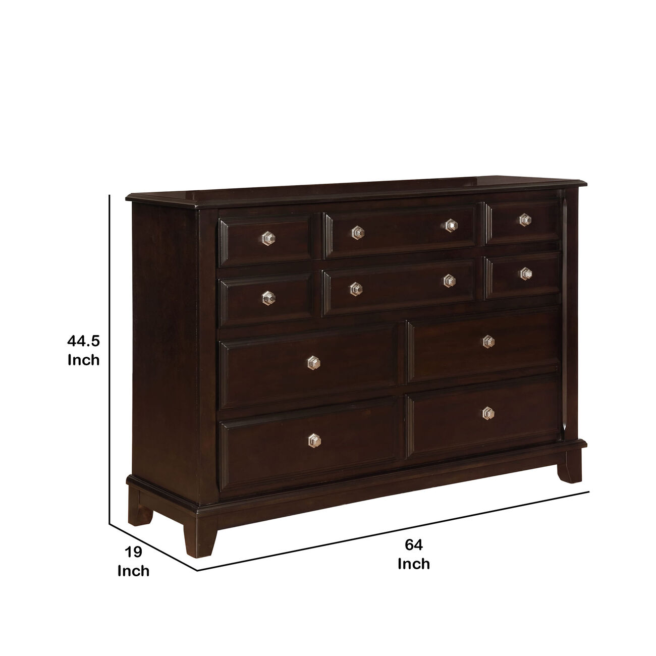 10 Drawers Wooden Frame Dresser with Hexagonal Pulls, Cherry Brown