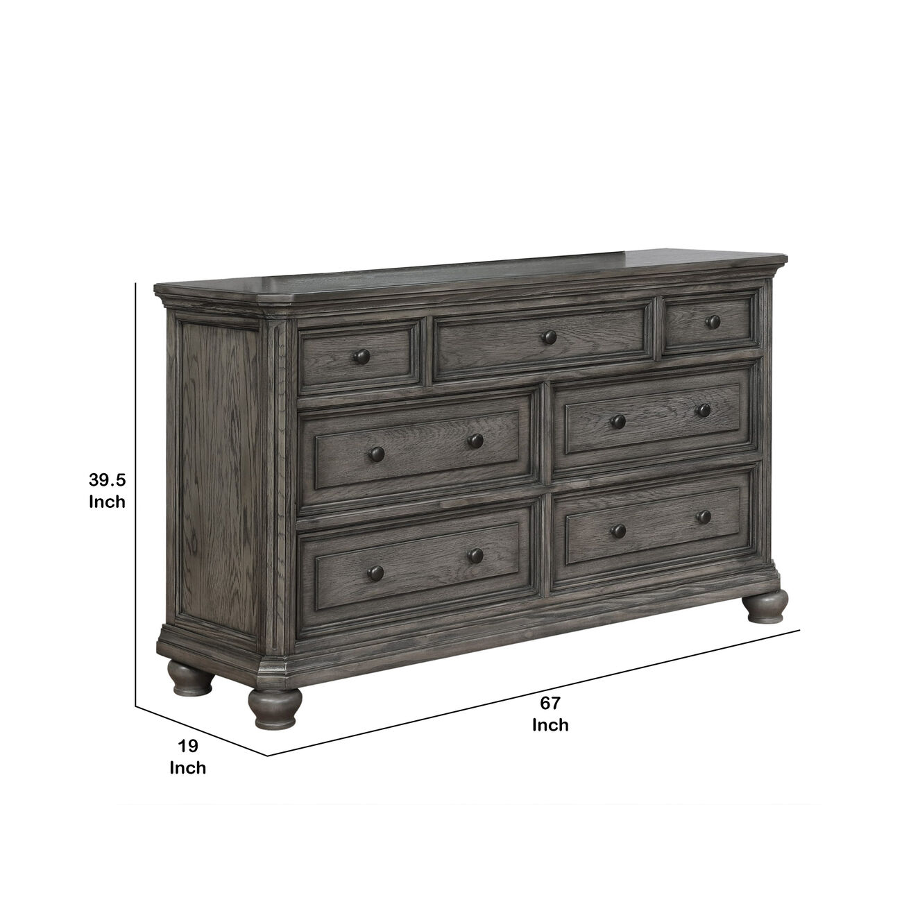 Grained Wooden Frame Dresser with 7 Drawers and Bun Feet, Gray