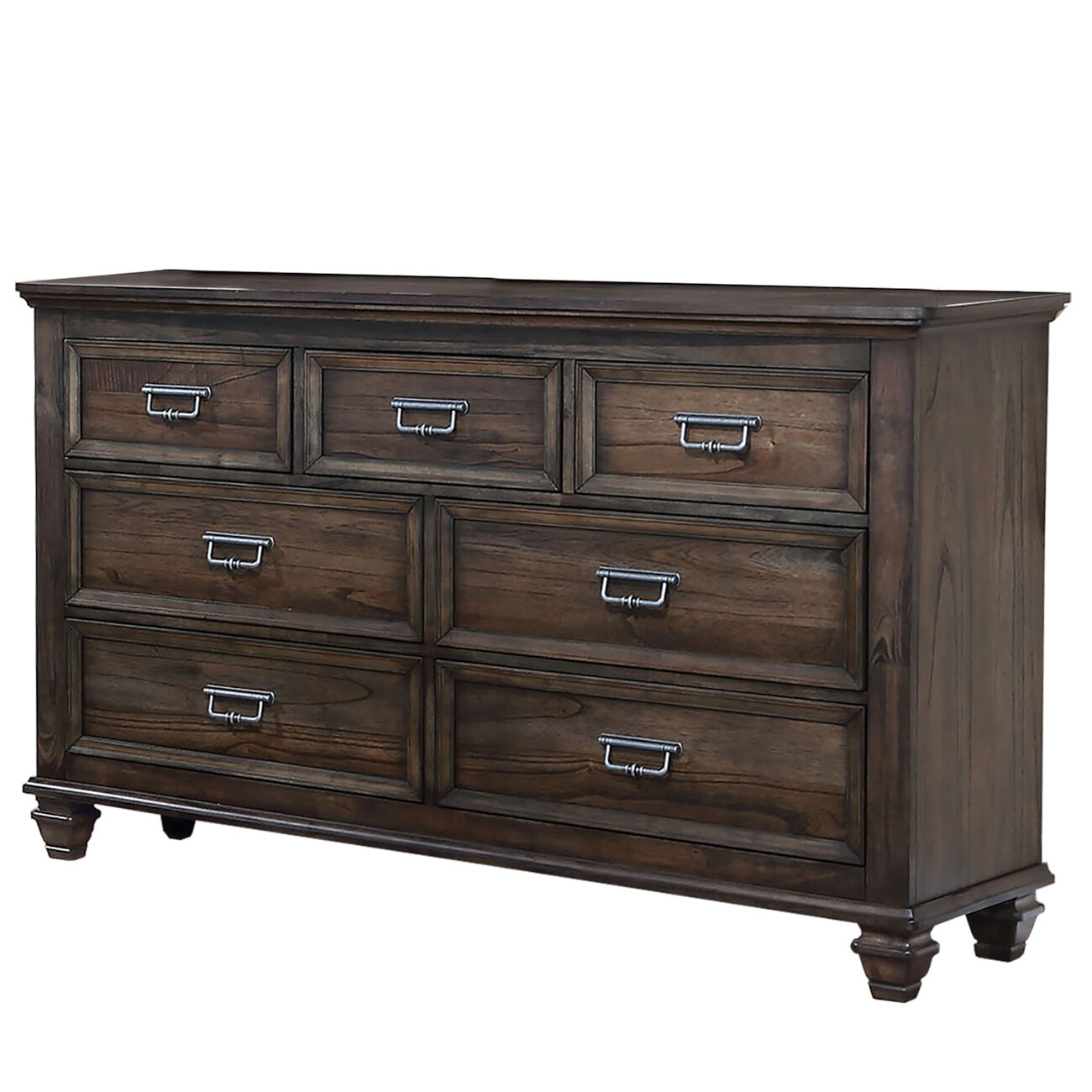 Grained Wooden Frame Dresser with 7 Drawers and Tapered Legs, Brown