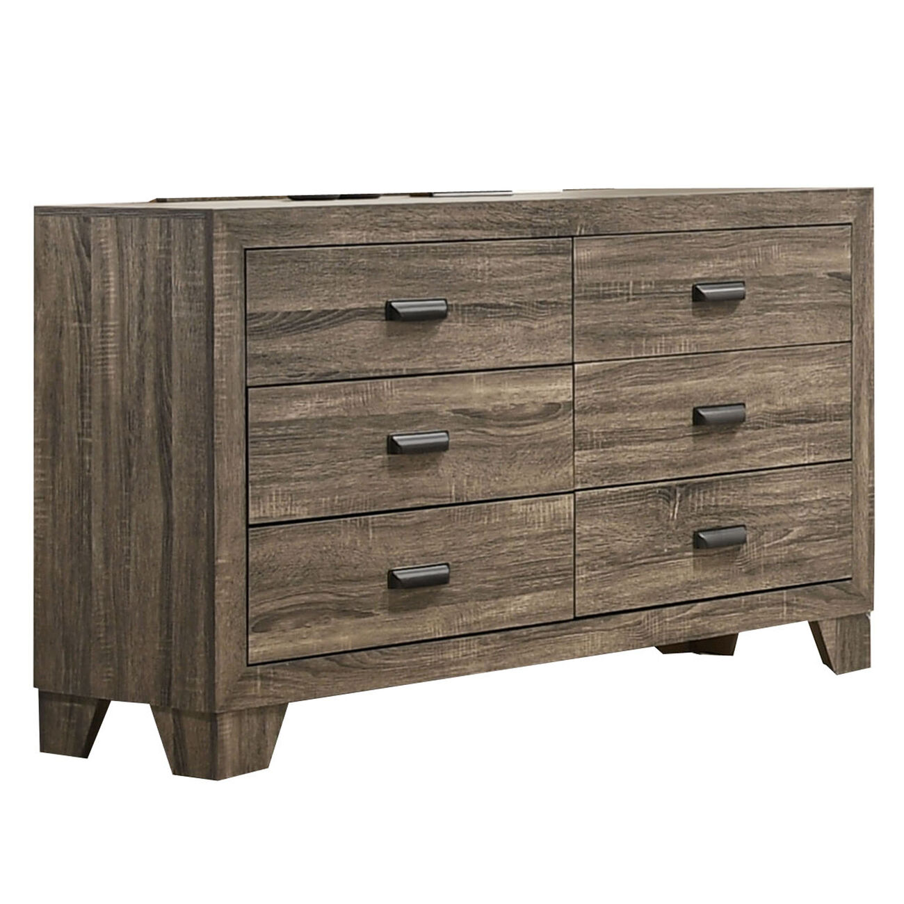 6 Drawer Wooden Dresser with Metal Pulls and Tapered Legs, Brown