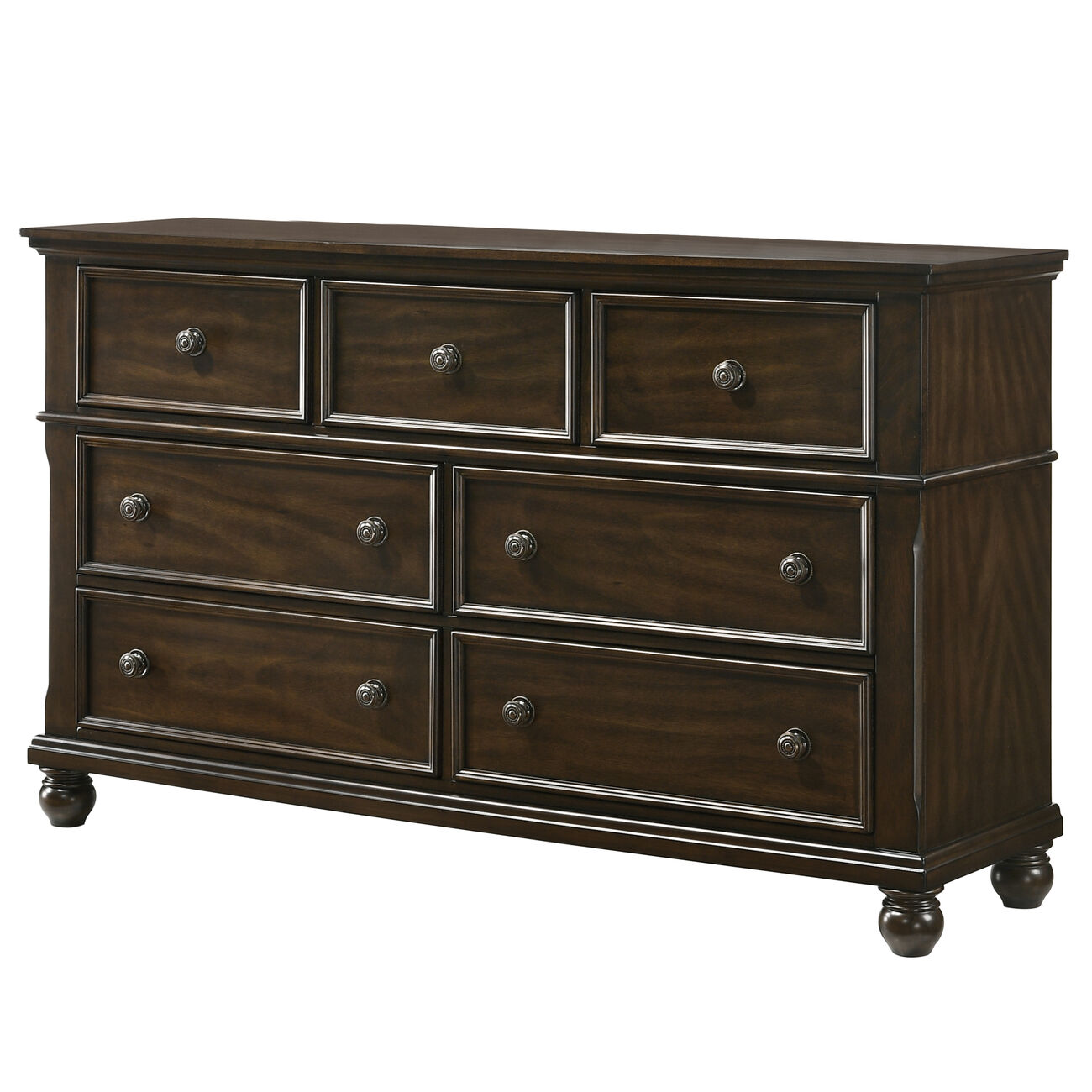 Wooden Seven Drawer Dresser with Bun Feet and Metal Knobs, Brown