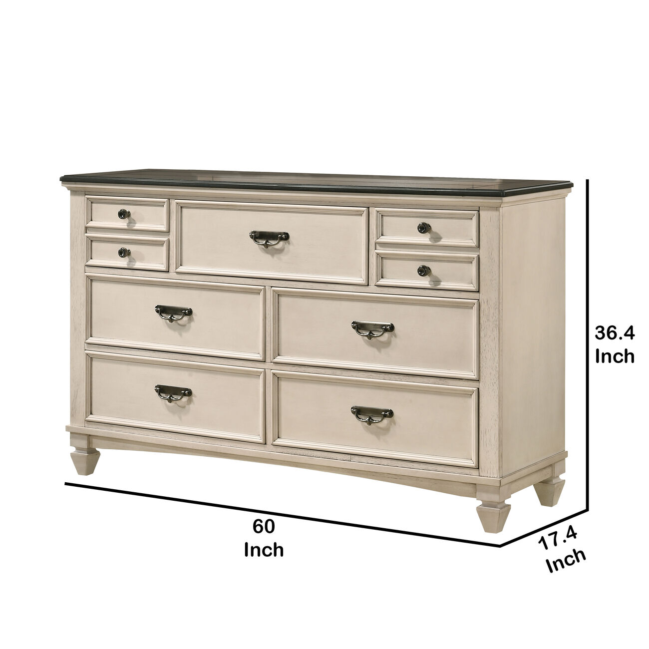 Wooden Dresser with Marble Top and 7 Spacious Drawers, Beige