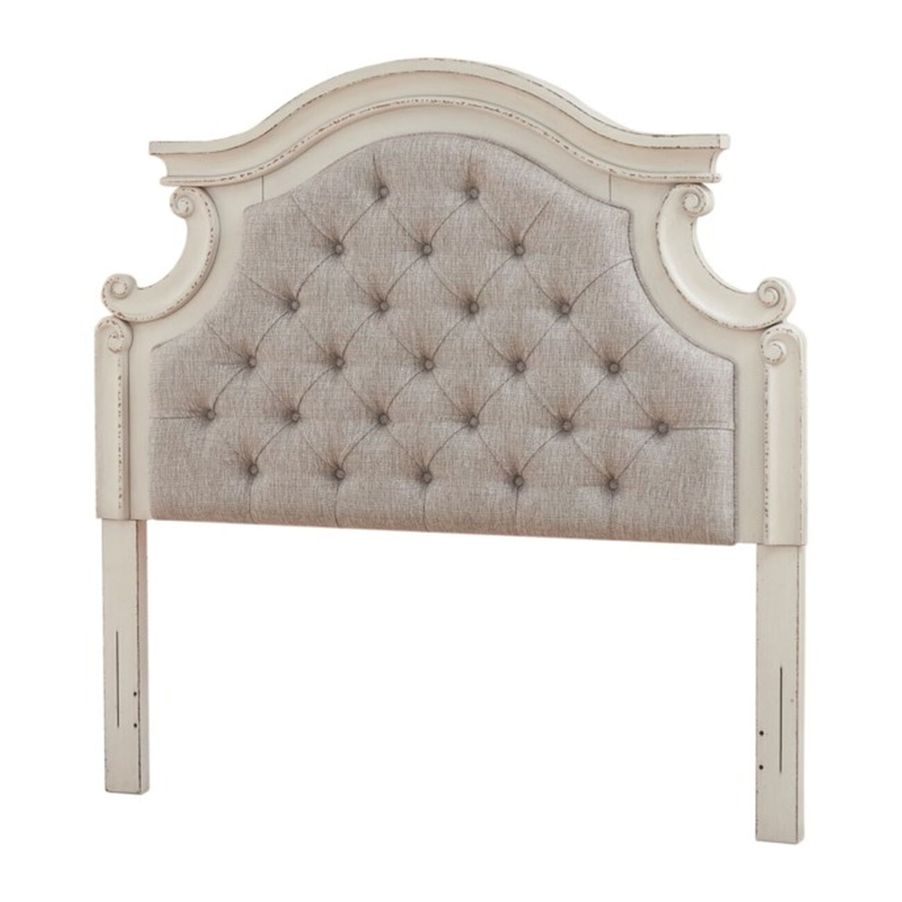 Ornate Queen Panel Headboard with Button Tufting, Beige and Antique White