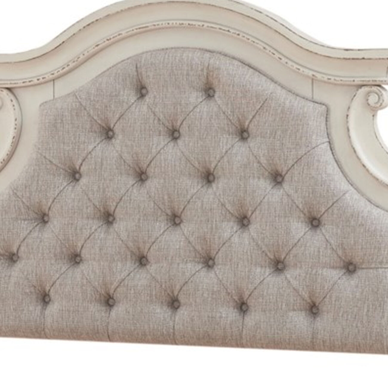 Ornate Queen Panel Headboard with Button Tufting, Beige and Antique White