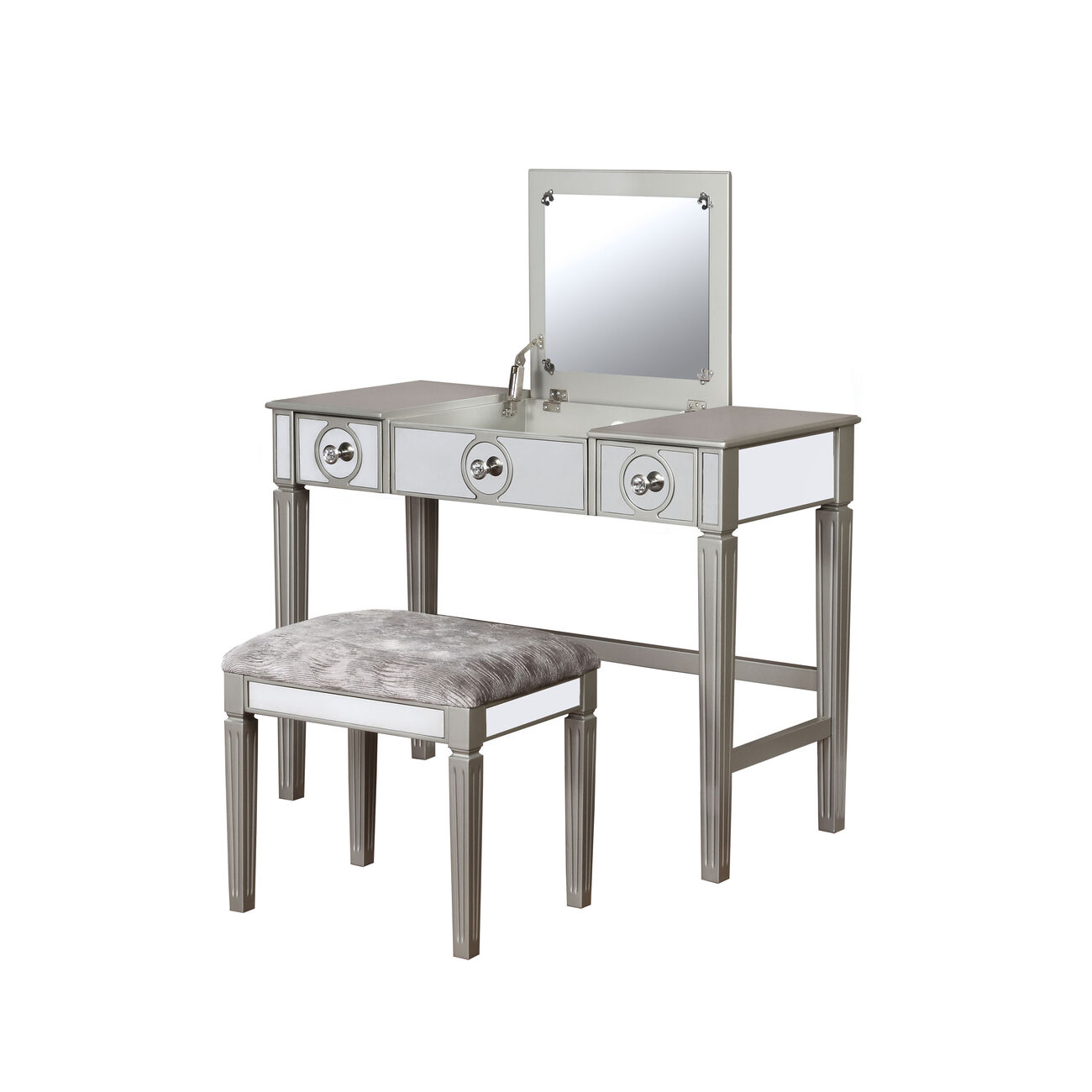 2 Drawer Flip Top Wooden Vanity Set with Mirrored Accents, Silver and Gray