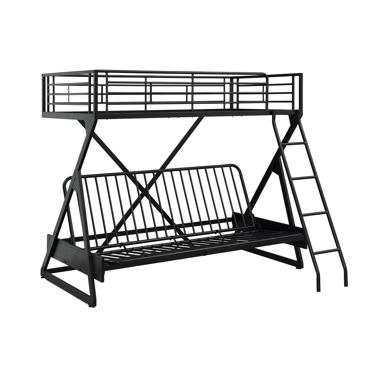 Z Shaped Metal Twin Over Full Futon Loft Bed with Attached Ladder, Black