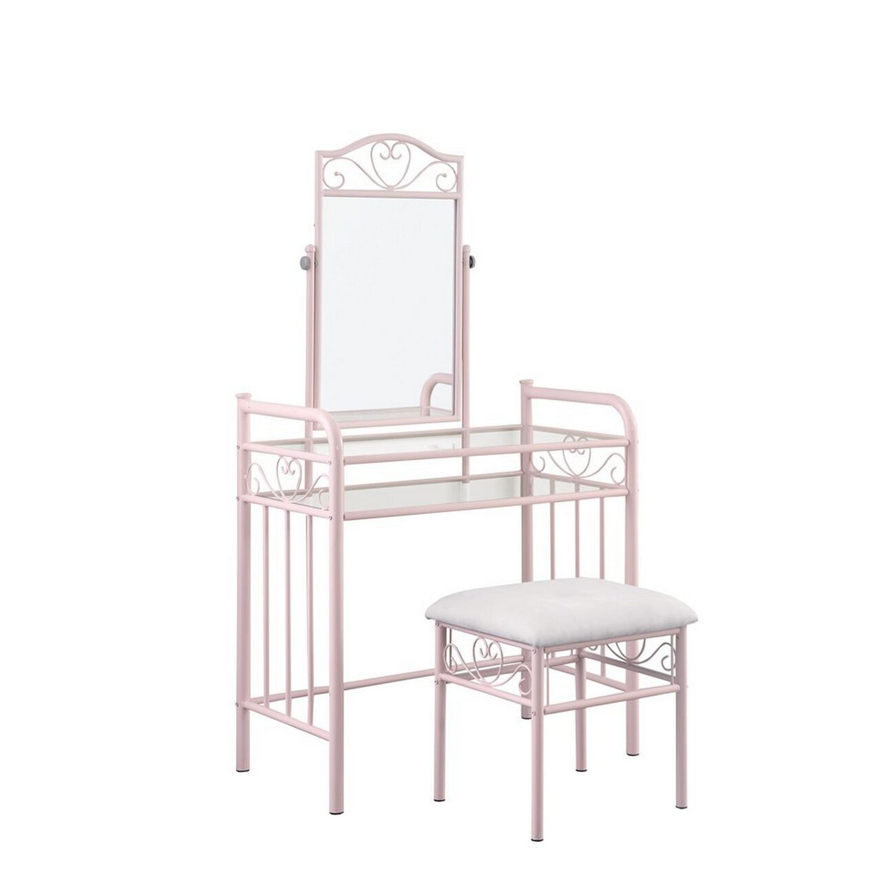 Traditional Style Metal 2 Piece Vanity Set with Glass Top, Pink and Gray