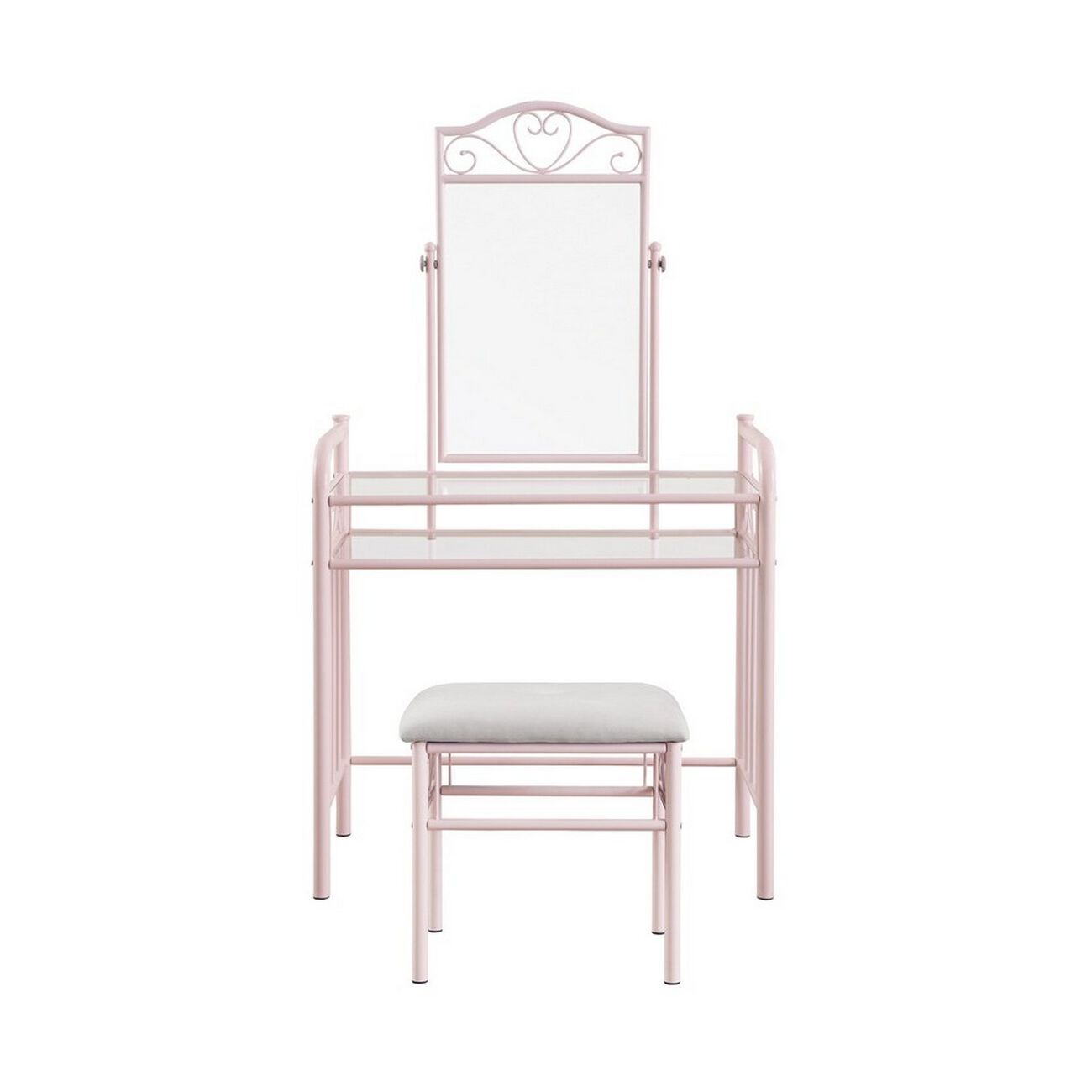 Traditional Style Metal 2 Piece Vanity Set with Glass Top, Pink and Gray