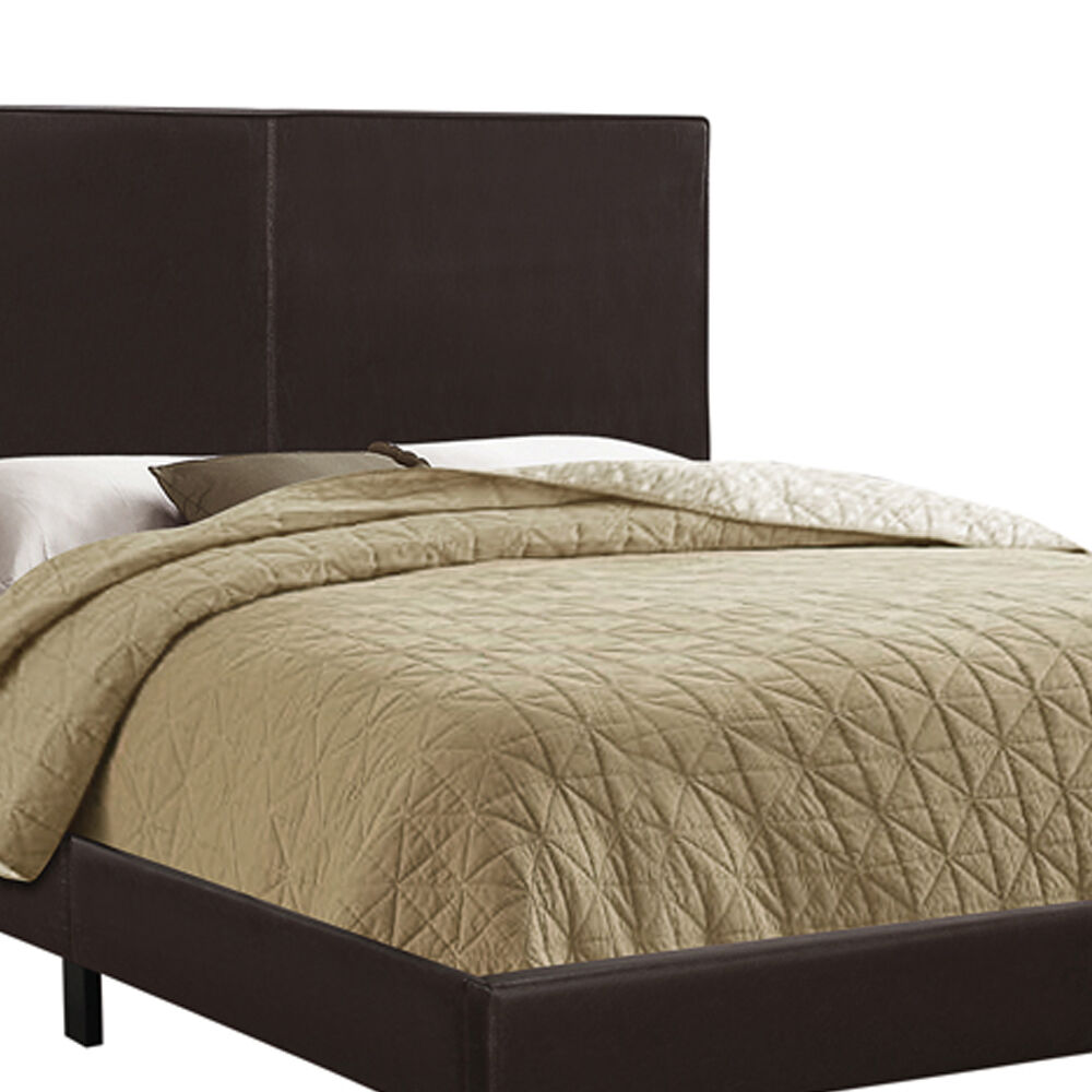 Leatherette Queen Size Wooden Bed with Low Profile Footboard, Dark Brown