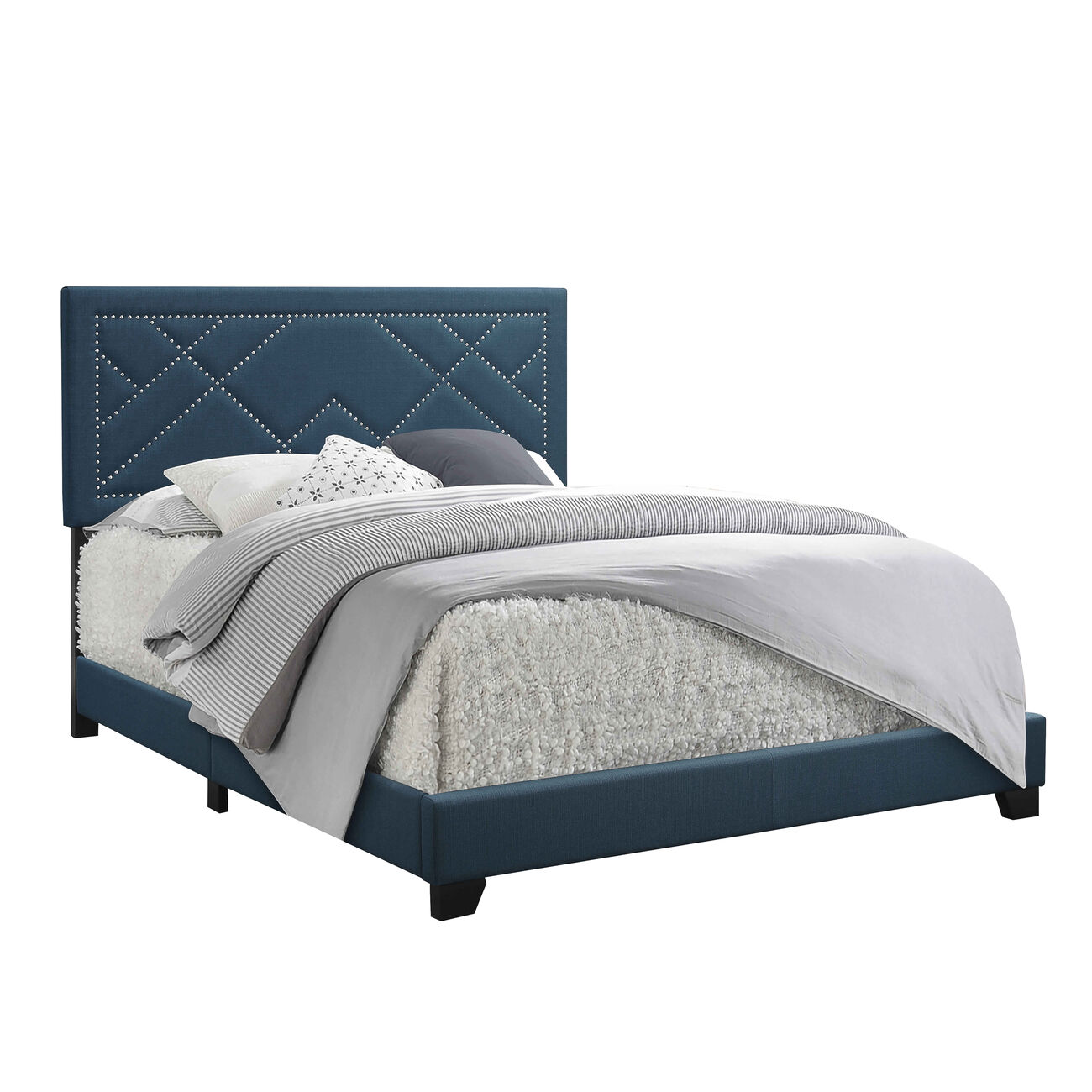 Fabric Eastern King Bed with Geometric Pattern Nailhead Trims, Teal Blue