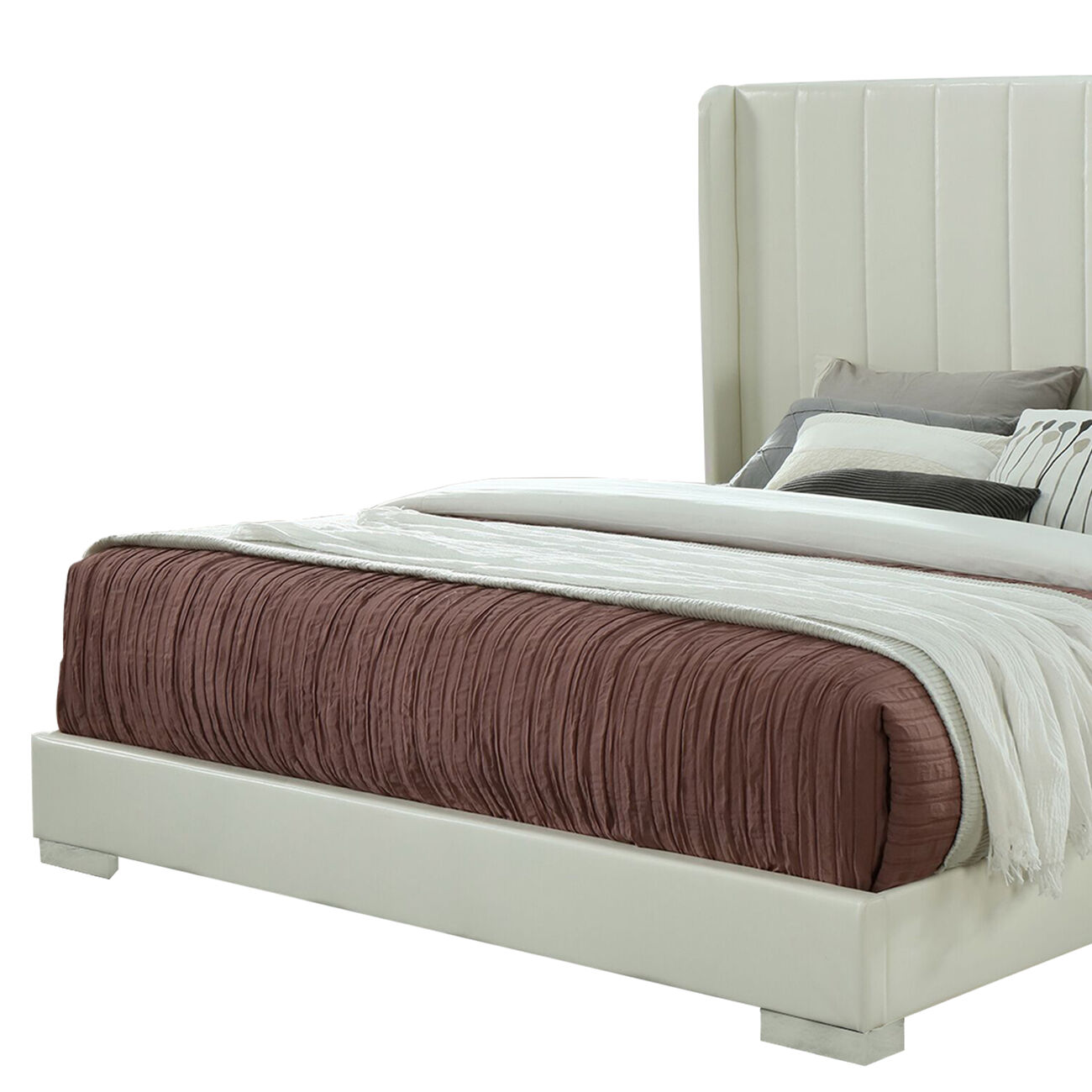 Vertical Stitched Woven Leatherette Wooden Frame Queen Bed, White