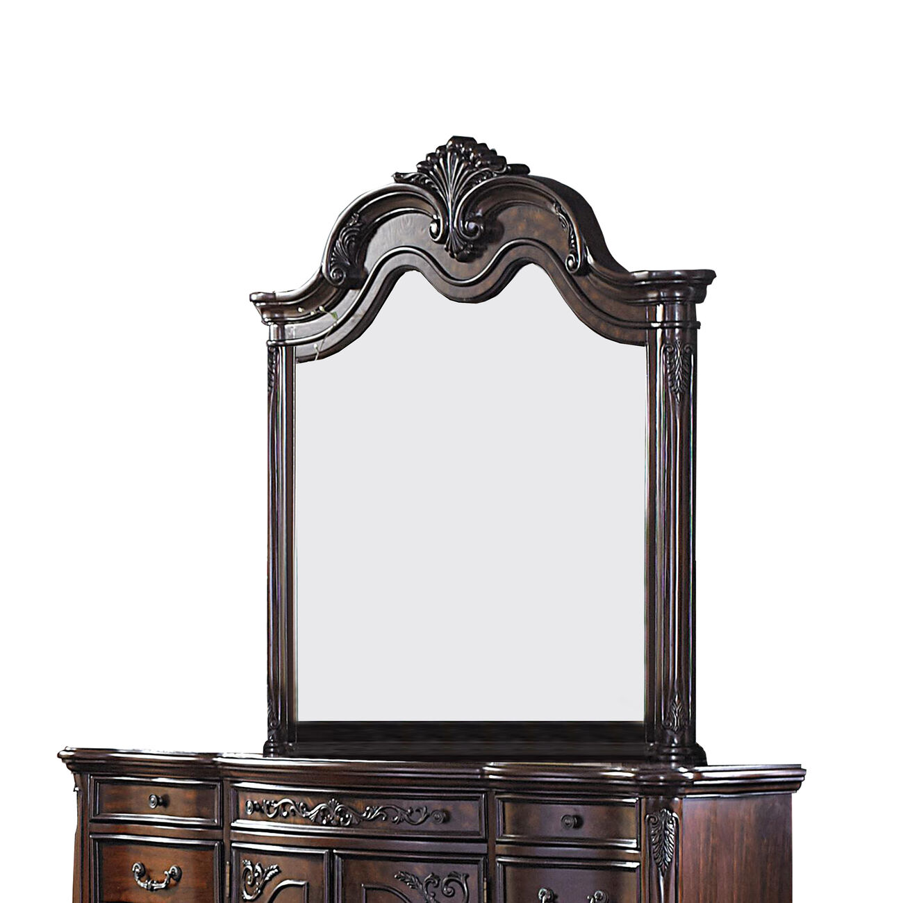 Traditional Style Wooden Dresser Mirror with Engraved Details, Cherry Brown