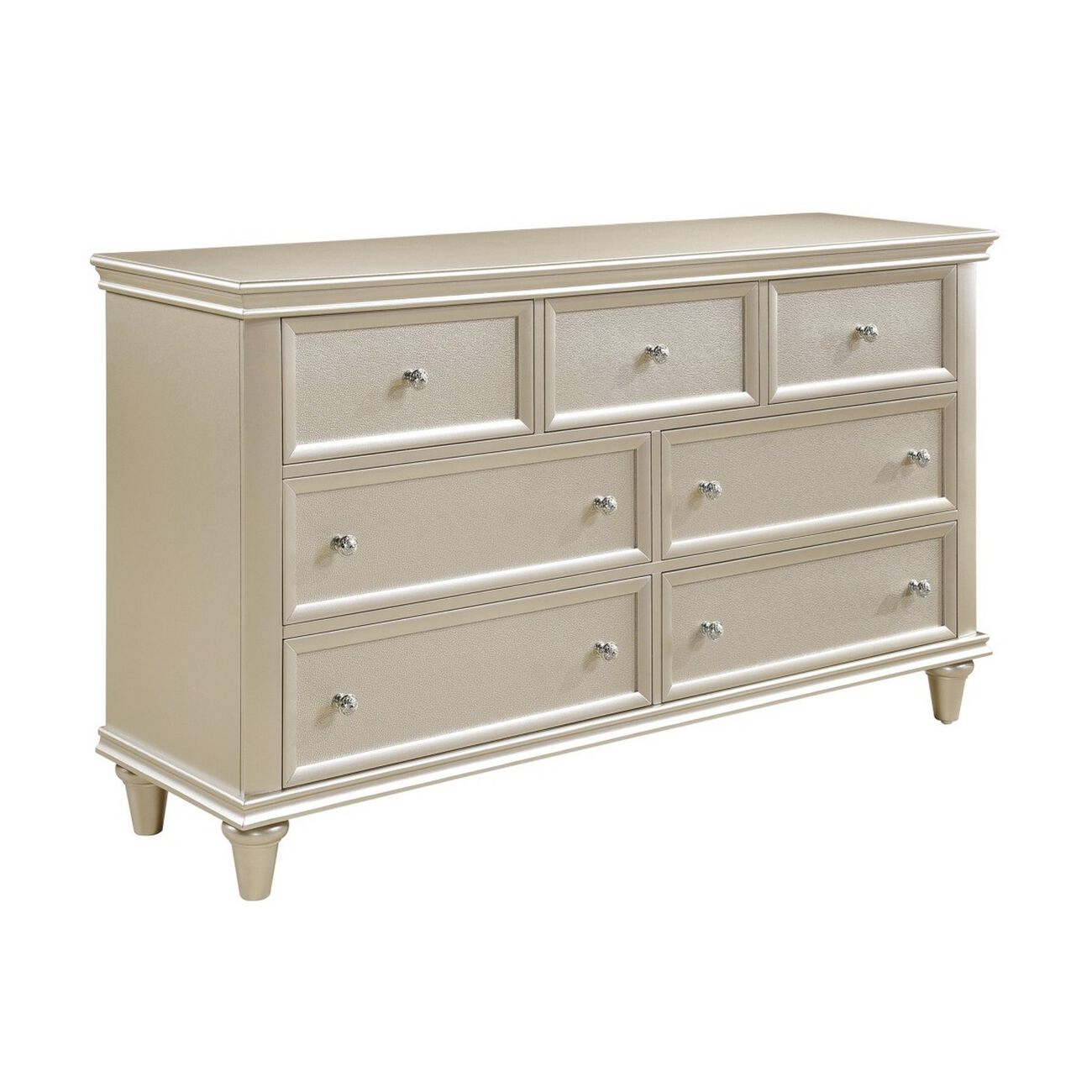7 Drawer Wooden Dresser with Faux Crystal Knobs, Champagne Silver