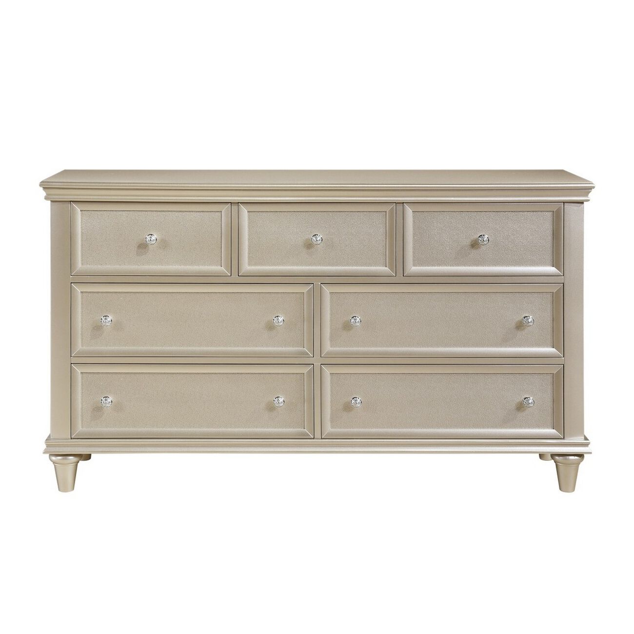 7 Drawer Wooden Dresser with Faux Crystal Knobs, Champagne Silver