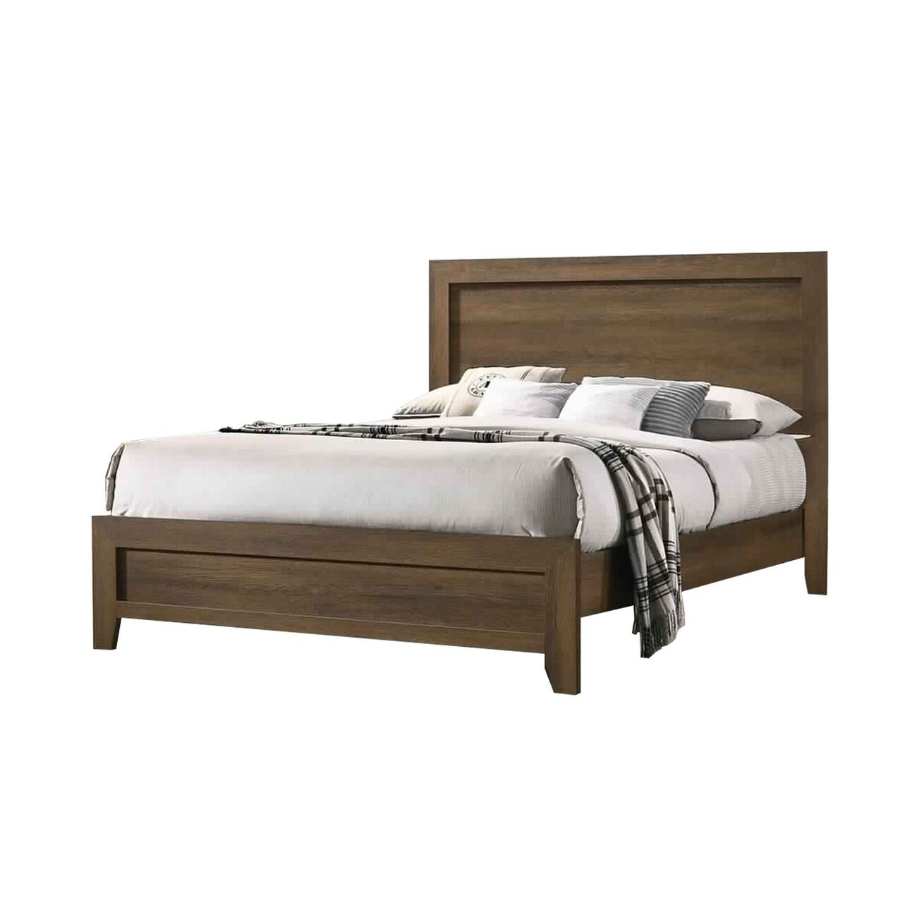 Transitional Style Wooden Eastern King Bed with Raised Molding Trim, Brown